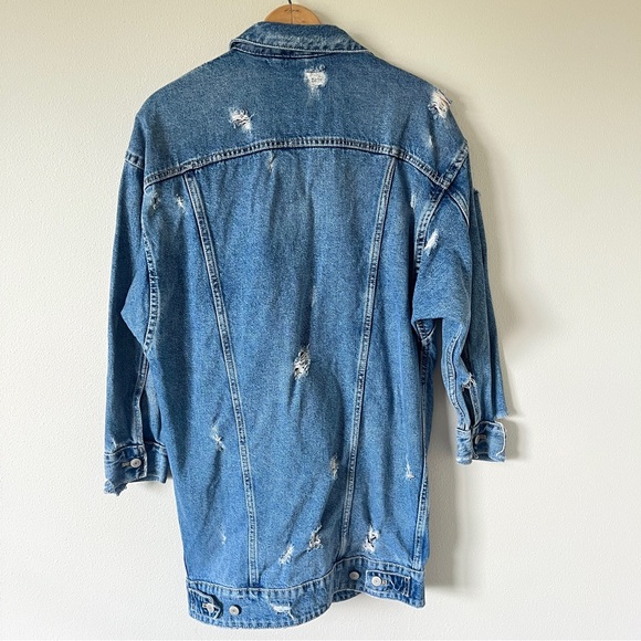 Zara Women's Distressed Button Down Long Length Medium Wash Denim Jacket - Picture 7 of 16